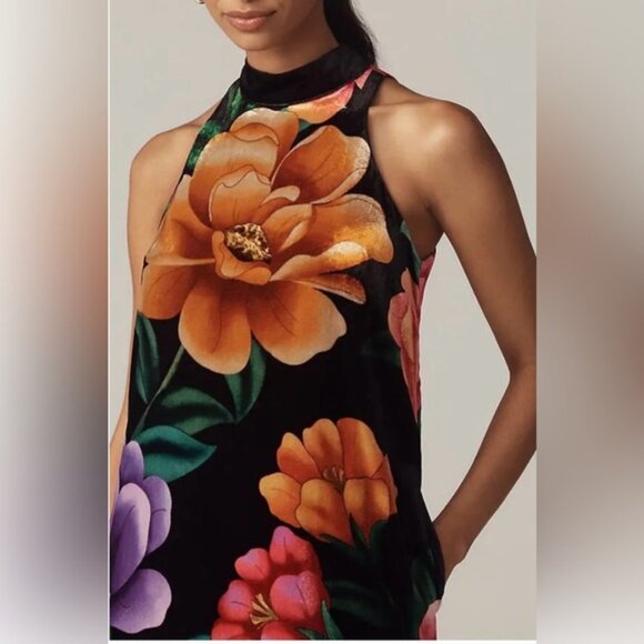 NWT Size XS - Farm Rio Mock-Neck Floral light Velvet Midi Dress (NWT US$ 298) - Picture 5 of 16